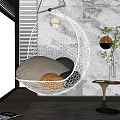 White Mesh Hanging Chair With Cushions And Blanket Indoor Near Window Marble Wall Green Plants