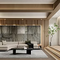 Elegant Office Interior Design With Grille Screen Circular Light White Statue And Green Plant