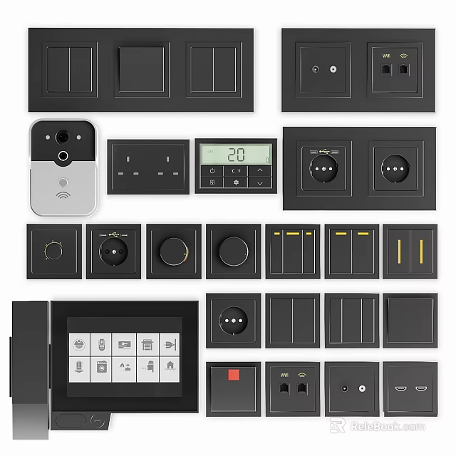 Modern Black Electrical Switches And Sockets Featuring Various Designs Including Camera Display And Buttons 3d model 