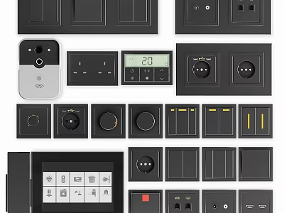 Modern Black Electrical Switches And Sockets Featuring Various Designs Including Camera Display And Buttons 3d model