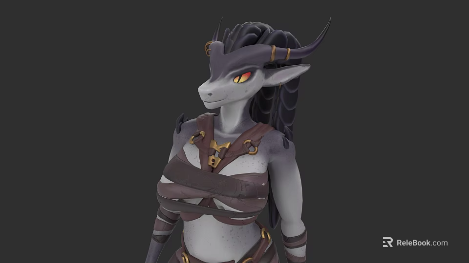 Fantasy Game Character With Horns Black Braided Hair Yellow Eyes And Brown Armor 3d model 