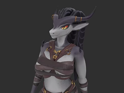 Fantasy Game Character With Horns Black Braided Hair Yellow Eyes And Brown Armor 3d model