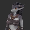 Fantasy Game Character With Horns Black Braided Hair Yellow Eyes And Brown Armor