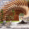 Curved Wooden Pergola with Wavy Design Green Plants and Outdoor Seating Area