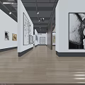 Antique Gallery Interior With Wooden Ceiling Hanging Lights And Artworks