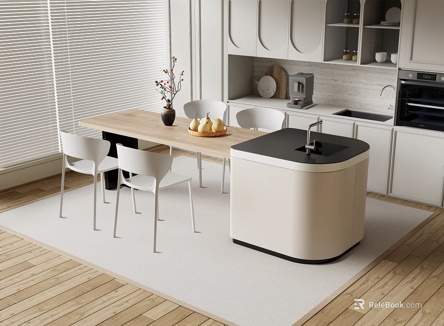 Modern Kitchen Interior With Bar Counter Dining Table White Chairs And Cabinets 3d model