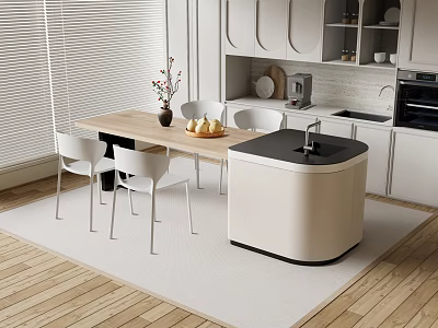 Modern Kitchen Interior With Bar Counter Dining Table White Chairs And Cabinets 3d model