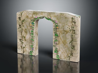 Intricate Stone Archway Decorated With Green Vines And Purple Flowers For Garden Landscape 3d model