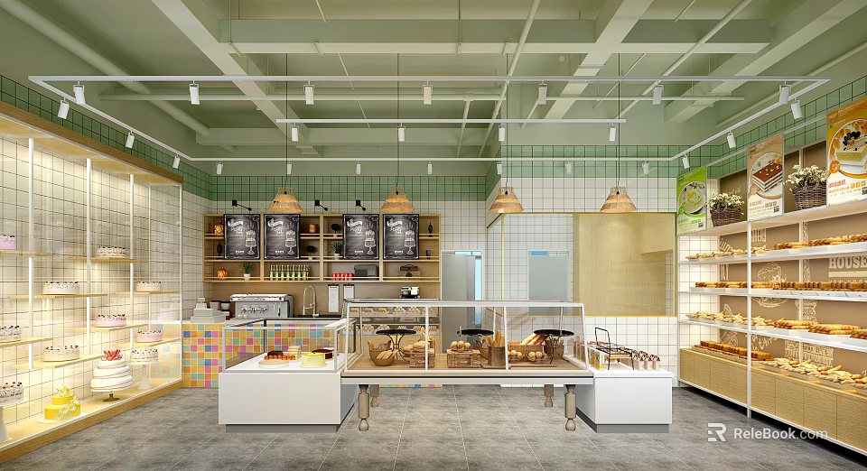 Modern Dessert Shop Interior With Glass Display Cases Menu Boards And Wooden Shelves 3d model 