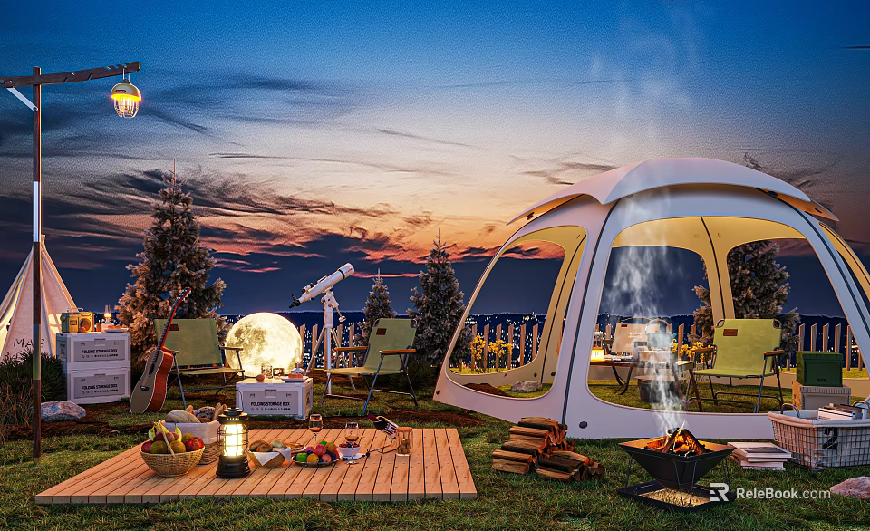 Scenic Campsite With White Tent Bonfire Sunset View Green Lawn And Outdoor Seating 3d model 