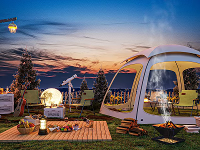 Scenic Campsite With White Tent Bonfire Sunset View Green Lawn And Outdoor Seating 3d model