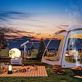 Scenic Campsite With White Tent Bonfire Sunset View Green Lawn And Outdoor Seating