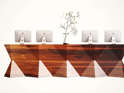 Stylish Wooden Reception Desk With Geometric Pattern Four Computer Monitors And White Plant Vase 3d model