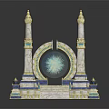 Cartoon Scene With Two Towers Circular Arch Golden Accents And Blue White Structure
