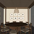 Private Dining Box Interior With Wooden Octagonal Dining Table Chairs Wall Art And Pendant Light 3d model