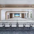 Modern Conference Room Interior With Long Table Blue White Chairs Large Screen And Green Plants