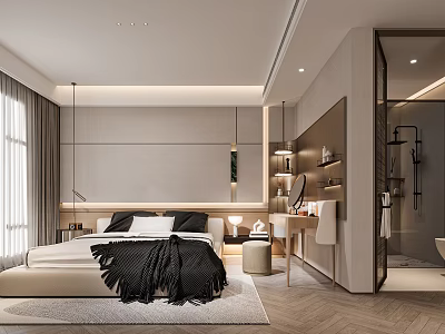 Modern Bedroom Interior Design With Comfortable Bed Nightstand Soft Lighting And Area Rug 3d model