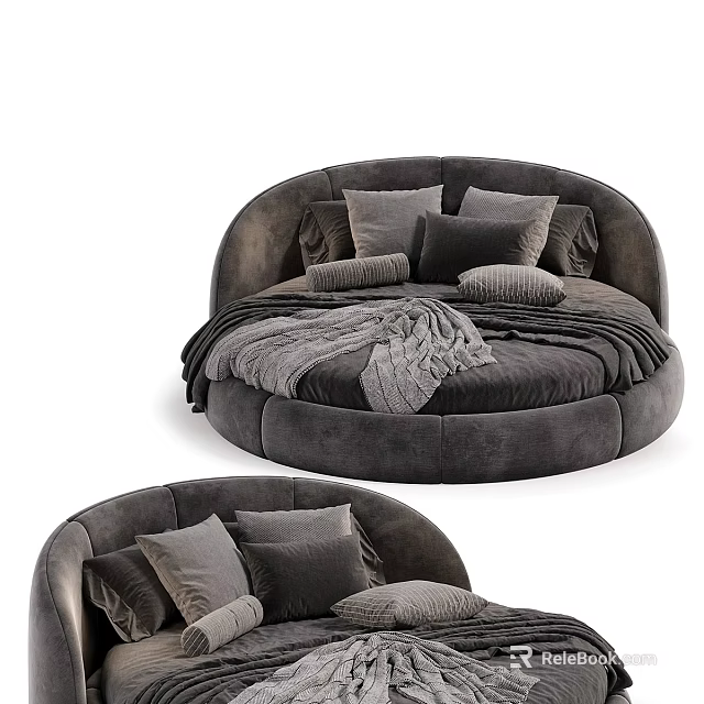 Luxury Grey Velvet Round Bed With Soft Pillows And Cozy Blanket 3d model 