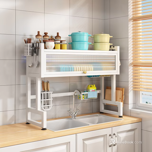 Modern Kitchen Shelf Over Sink With Pots Jars Cooking Utensils And Dish Drying Rack 3d model 