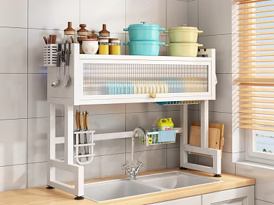Modern Kitchen Shelf Over Sink With Pots Jars Cooking Utensils And Dish Drying Rack 3d model