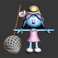 Blue Skinned Smurf Character Wearing Pink Dress Yellow Hat With Pink Flower And Butterfly Net