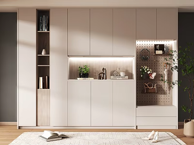 Modern Shoe Cabinet Design With White Drawers Open Shelves And Green Plant Decor 3d model
