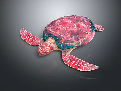 Colorful Sea Turtle With Pink Red Shell Blue Edges And Textured Pink Flippers 3d model