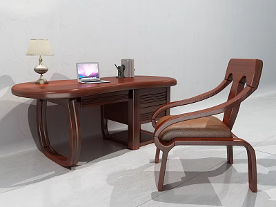 Wooden Home Office Desk With Laptop Table Lamp And Matching Chair 3d model