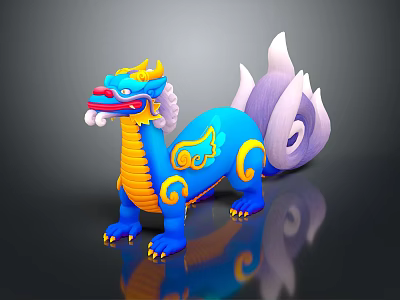 Stylish Blue Dragon Cartoon 3D Model With Yellow Decorations And Purple Tail 3d model