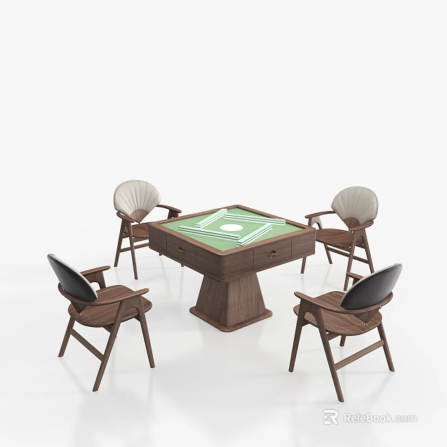 Wooden Table and Chair Set with Green Square Surface and Four Wooden Chairs with Backrests 3d model 