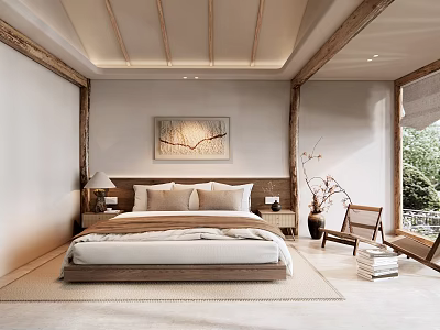 Hotel Room Interior With Wooden Ceiling Beams Large Bed Decorative Painting And Window Armchair 3d model