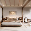 Hotel Room Interior With Wooden Ceiling Beams Large Bed Decorative Painting And Window Armchair