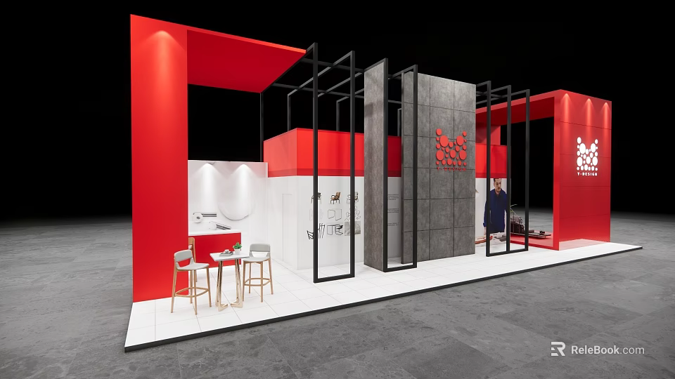 Modern Exhibition Booth With Red Black Frame Gray Concrete Wall White Counter And Bar Stools 3d model 