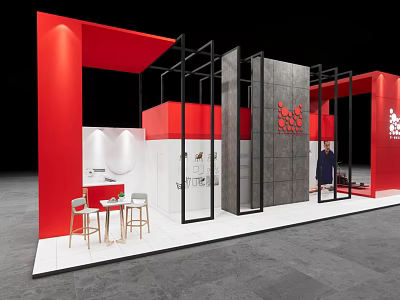 Modern Exhibition Booth With Red Black Frame Gray Concrete Wall White Counter And Bar Stools 3d model
