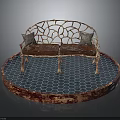 Ornate Metal Frame Bench With Cushioned Pillows On Blue Honeycomb Base Copper Rim