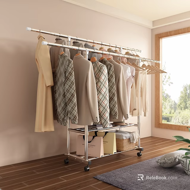 Mobile Garment Rack With Hanging Clothes And Storage Shelf For Indoor Use 3d model 