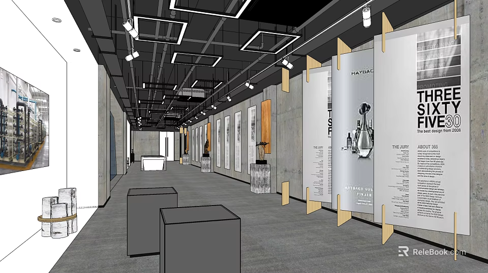 Contemporary Exhibition Corridor With Display Panels Showcases Gray Carpet And Ceiling Lights 3d model 