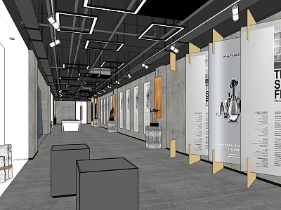 Contemporary Exhibition Corridor With Display Panels Showcases Gray Carpet And Ceiling Lights 3d model