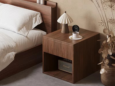 Modern Wooden Nightstand With Minimalist Lamp Alarm Clock And Open Shelf Radio 3d model