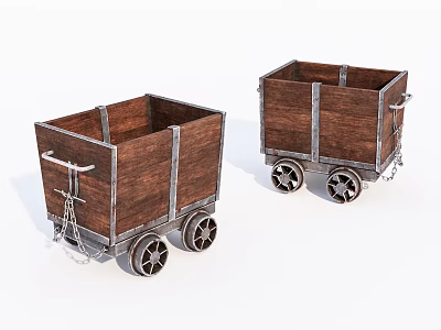 Wooden Boxes With Wheels And Metal Strips For Reinforced Cart Design 3d model