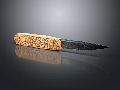 Decorative Knife With Golden Handle Intricate Carvings And Dark Blade On Reflective Surface 3d model