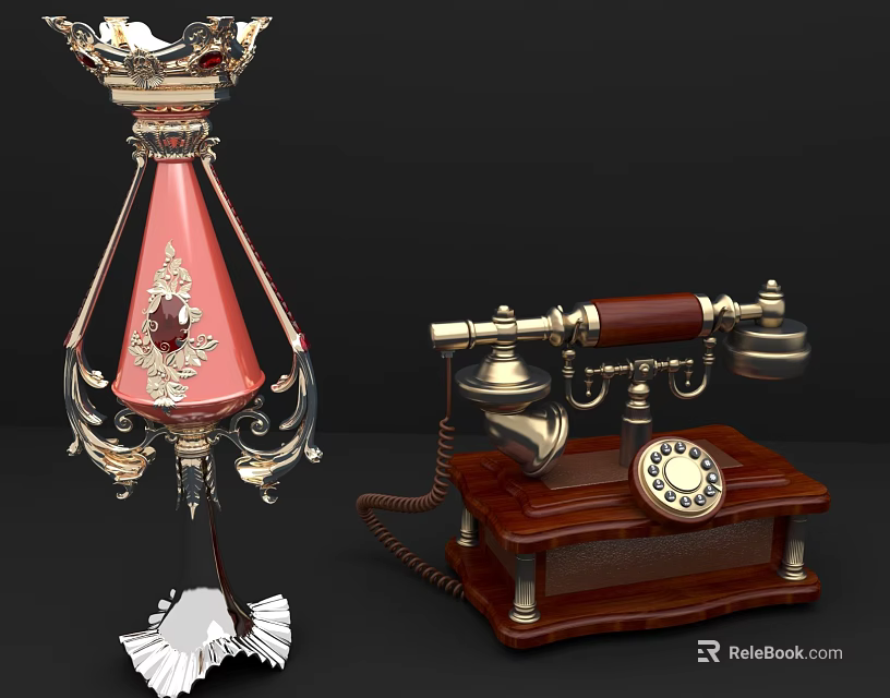 Retro Digital Telephone With Wooden Base Rotary Dial And Pink Lampshade Gold Accents 3d model 
