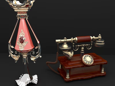 Retro Digital Telephone With Wooden Base Rotary Dial And Pink Lampshade Gold Accents 3d model