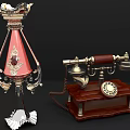 Retro Digital Telephone With Wooden Base Rotary Dial And Pink Lampshade Gold Accents