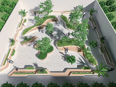 Beautiful Urban Park Landscape with Curved Pathways Lush Greenery Trees and Seating Areas 3d model