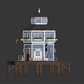 Blue Tower Building With Red Door And White Windows On Wooden Deck Over Water