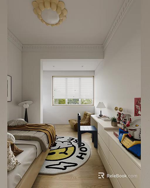 Minimalist Kids Bedroom With Bed Chair Rug And Blinds 3d model 