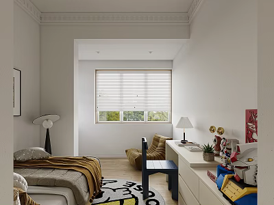 Minimalist Kids Bedroom With Bed Chair Rug And Blinds 3d model