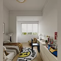 Minimalist Kids Bedroom With Bed Chair Rug And Blinds