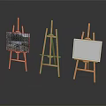 Three Wooden Easels Furniture with One Painting and Two Empty Canvases in Modern Interior Setup